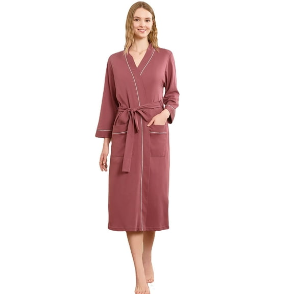 U2SKIIN Womens Robe 100% Cotton, Lightweight Spa Bathrobe Soft Kimono Long Loungewear,(Brown Purple,S)