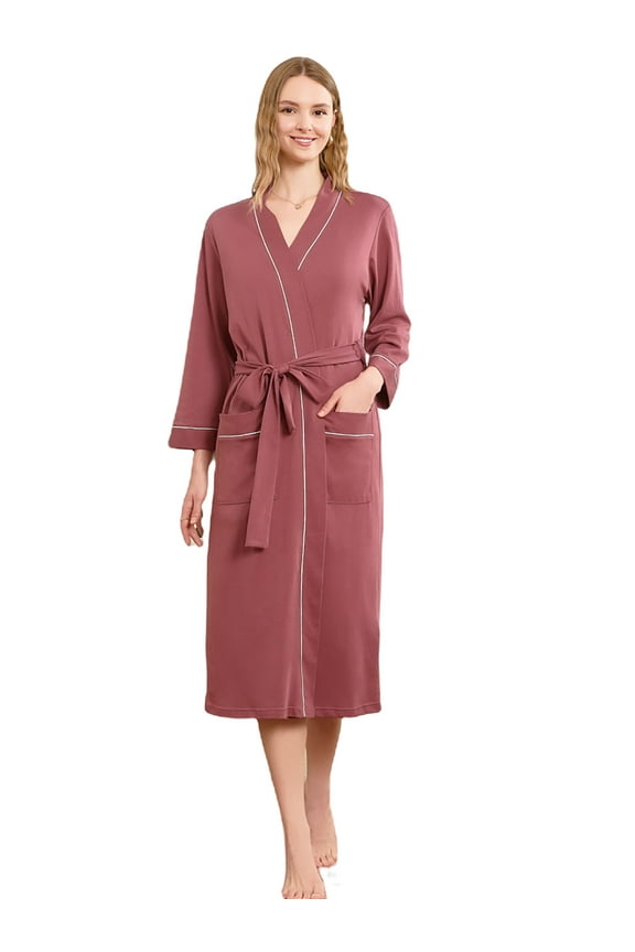 Womens Robe 100% Cotton, Lightweight Spa Bathrobe Soft Kimono Long Loungewear,(Brown Purple,XL)