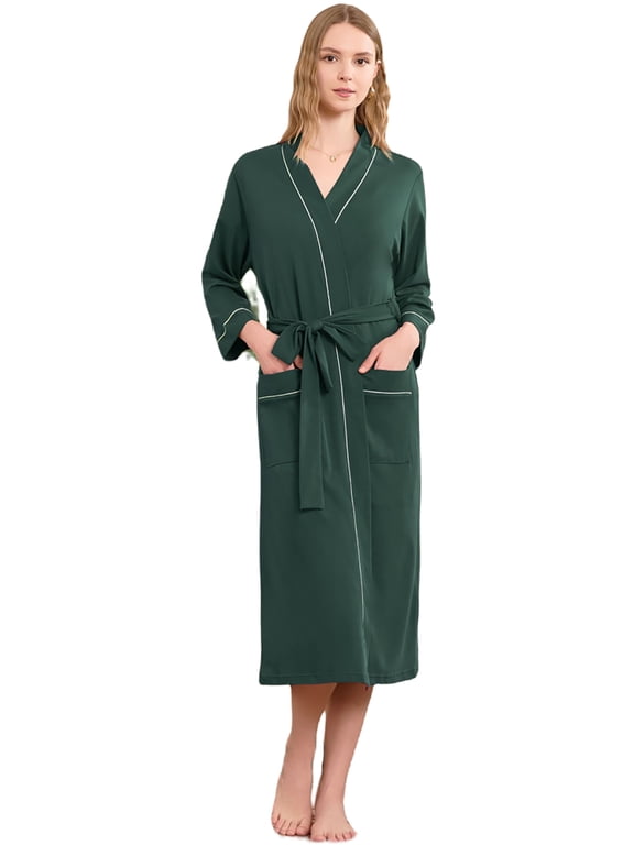 100% Cotton Robes for Women Long Bathrobe Soft Kimono Lightweight Loungewear (Dark Green,M)