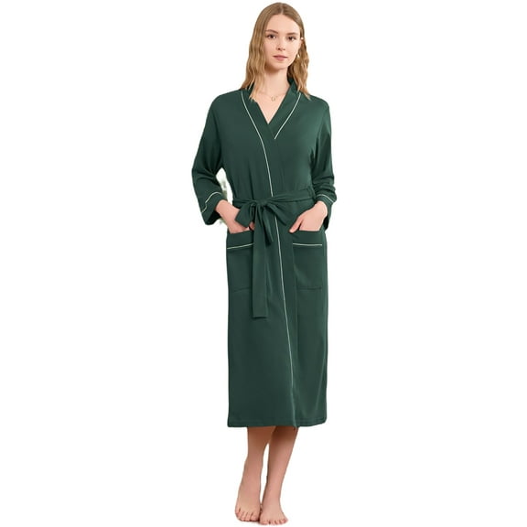 U2SKIIN Womens Robe 100% Cotton, Lightweight Spa Bathrobe Soft Kimono Long Loungewear,(Dark Green,S)