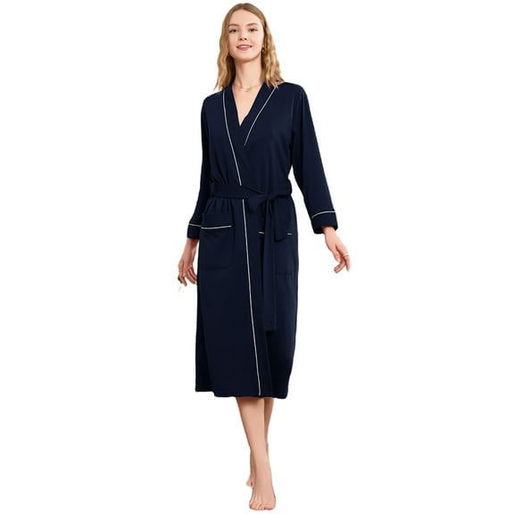 U2SKIIN Womens Robe 100% Cotton, Lightweight Spa Bathrobe Soft Kimono Long Loungewear,(Navy,S)