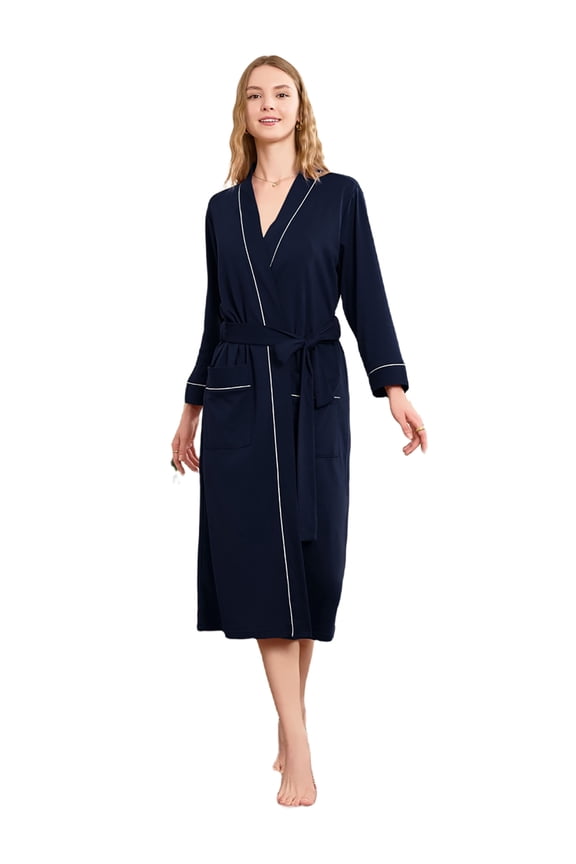 Womens Robe 100% Cotton, Lightweight Spa Bathrobe Soft Kimono Long Loungewear,(Navy,S)