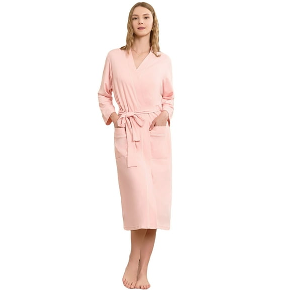 U2SKIIN Womens Robe 100% Cotton, Lightweight Spa Bathrobe Soft Kimono Long Loungewear,(Pink,M)
