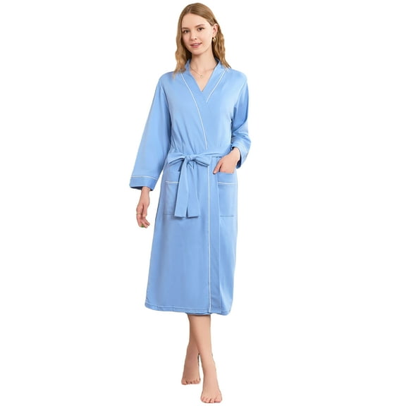 U2SKIIN Womens Robe 100% Cotton, Lightweight Spa Bathrobe Soft Kimono Long Loungewear,(Sky Blue,M)