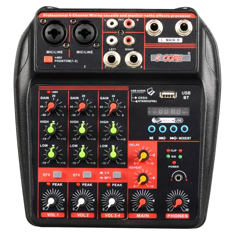 5 Core U4 Portable Mini Mixer 4 Channel Audio DJ Console with Sound Card, USB, 48V Phantom Power for PC Recording MX 4CH