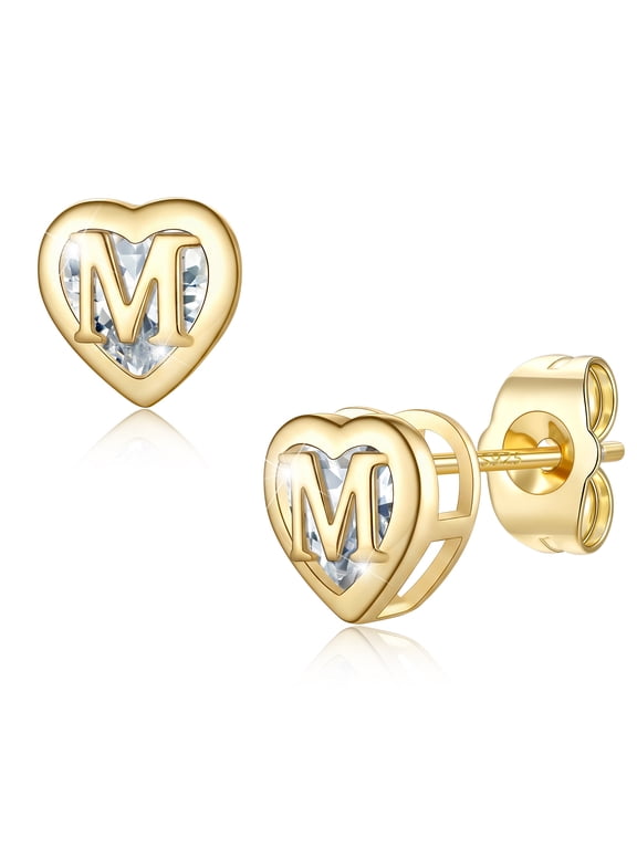 14K Gold Plated Heart CZ Stud Earrings for Women Teens Initial Letter M Ear Studs Earrings Jewelry Gift for Birthday Christmas Valentines