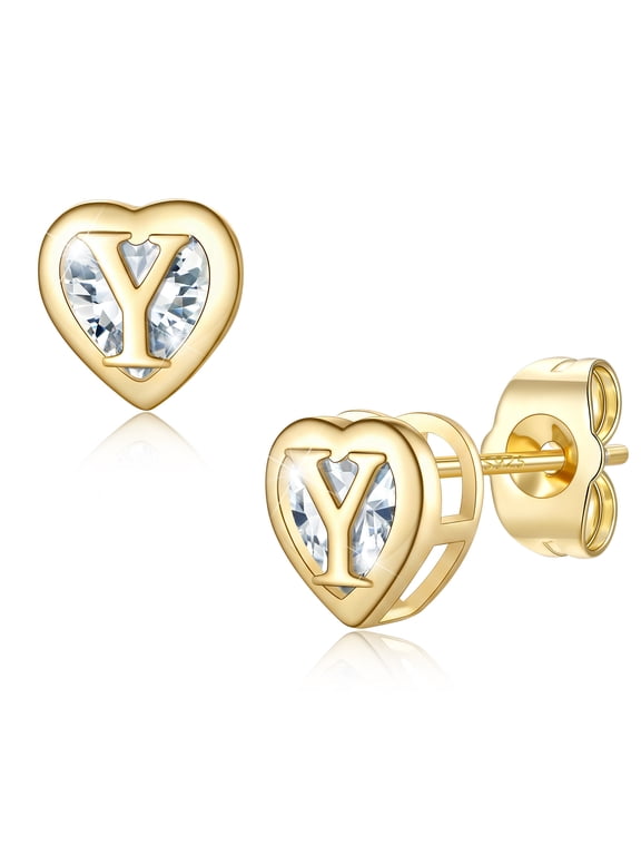 14K Gold Plated Heart CZ Stud Earrings for Women Teens Initial Letter Y Ear Studs Earrings Jewelry Gift for Birthday Christmas Valentines