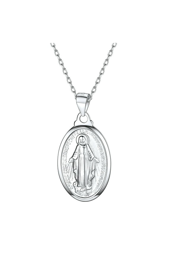 925 Sterling Silver Tiny Virgin Mary Oval Pendant Rolo Chain Women Christian Cross Necklace