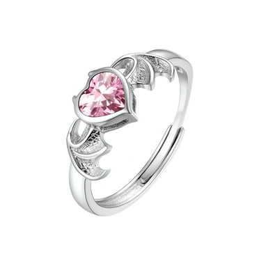 U7 Birthstone October Bat Wing Ring S925 Sterling Silver Tourmaline Gem Heart Rings for Lover Men Women, Adjustable Rings