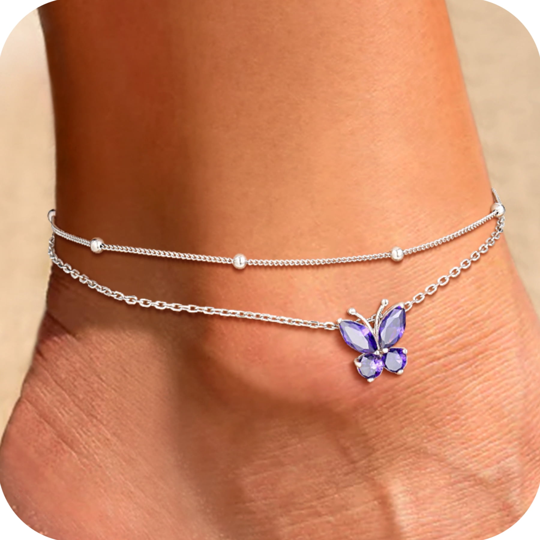 U7 Sterling Silver Anklet Bracelet for Women Butterfly February Birthstone Double Layered Ankle Chain Birthday Daughter Mom Summer Beach Jewelry Gift