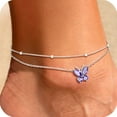 thumbnail image 1 of U7 Sterling Silver Anklet Bracelet for Women Butterfly February Birthstone Double Layered Ankle Chain Birthday Daughter Mom Summer Beach Jewelry Gift, 1 of 8