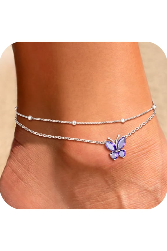 Sterling Silver Anklet Bracelet for Women Butterfly February Birthstone Double Layered Ankle Chain Birthday Daughter Mom Summer Beach Jewelry Gift