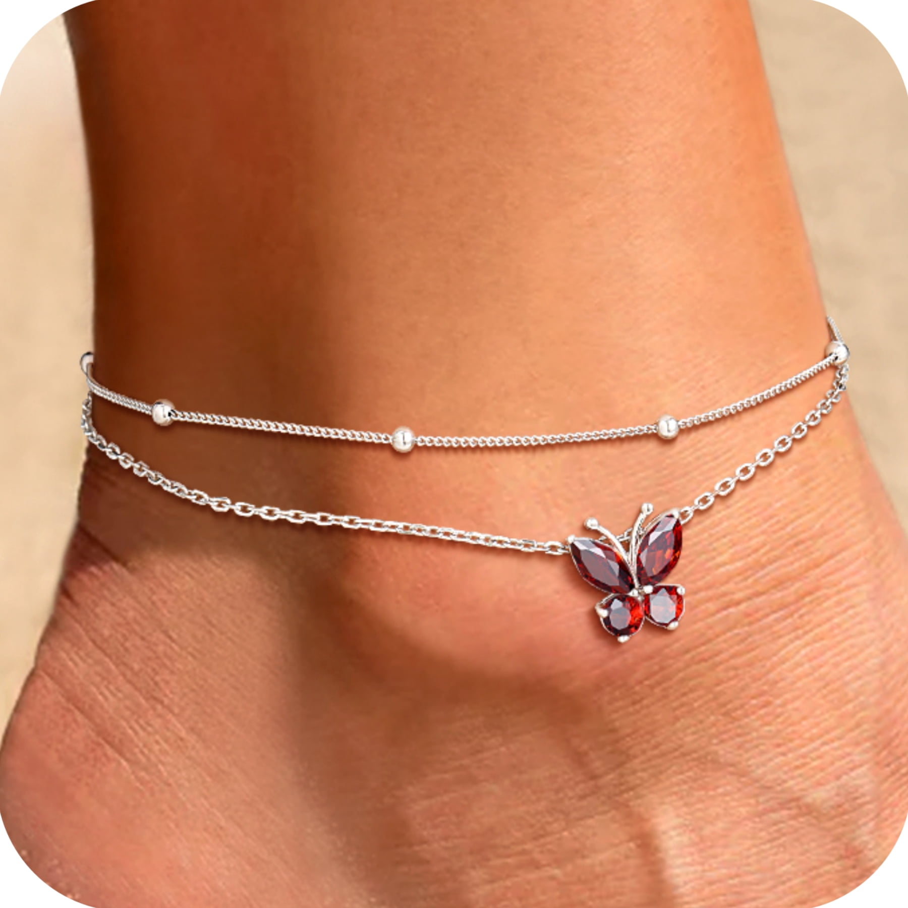 U7 Sterling Silver Anklet Bracelet for Women Butterfly January Birthstone Double Layered Ankle Chain Birthday Daughter Mom Summer Beach Jewelry Gift