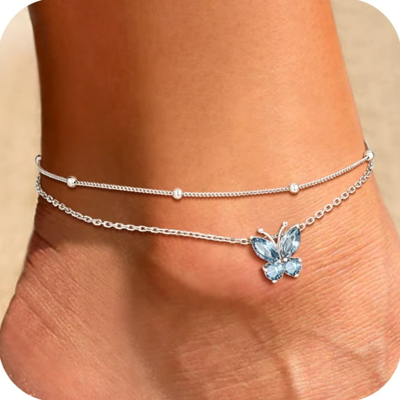 U7 Sterling Silver Anklet Bracelet for Women Butterfly March Birthstone Double Layered Ankle Chain Birthday Daughter Mom Summer Beach Jewelry Gift