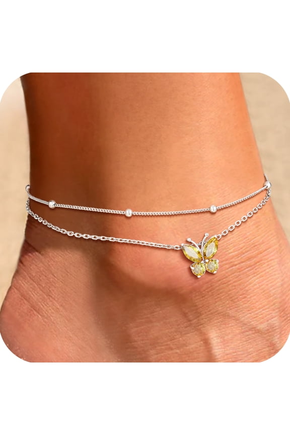 Sterling Silver Anklet Bracelet for Women Butterfly November Birthstone Double Layered Ankle Chain Birthday Daughter Mom Summer Beach Jewelry Gift