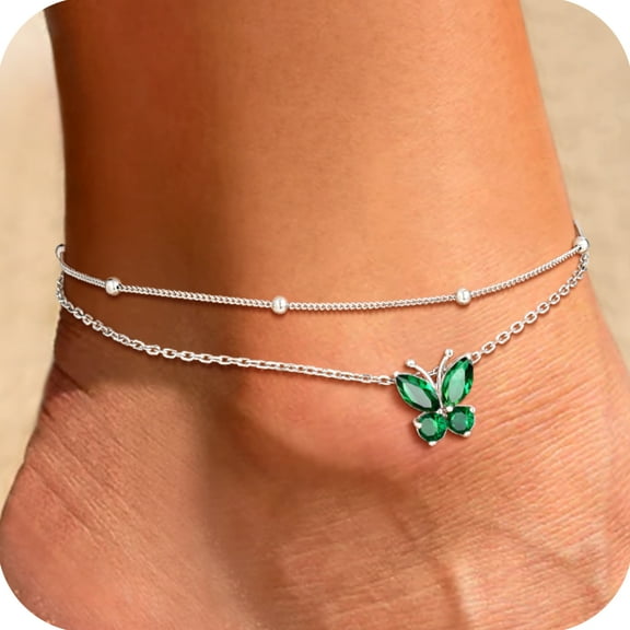 U7 Sterling Silver Anklet Bracelet for Women Butterfly May Birthstone Double Layered Ankle Chain Birthday Daughter Mom Summer Beach Jewelry Gift