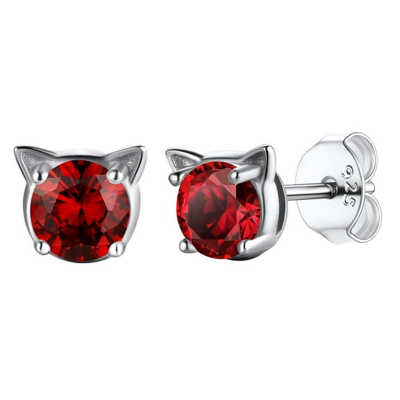 U7 Cat Stud Earrings for Women 925 Sterling Silver January Birthstone Crystal Garnet Earring Hypoallergenic Earrings Birthday Anniversary Jewelry Gift for Mom Daughter