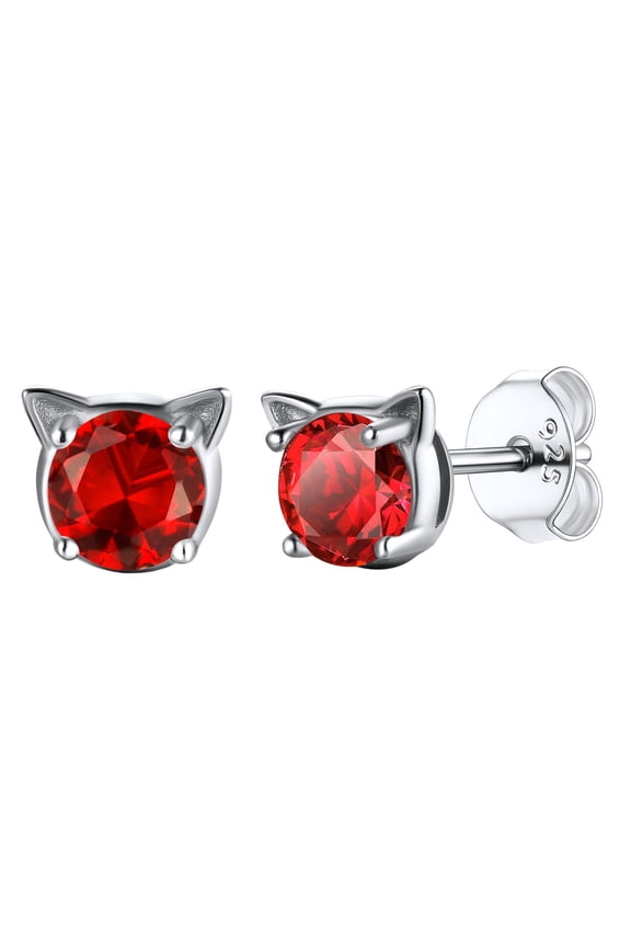 Cat Stud Earrings for Women 925 Sterling Silver July Birthstone Crystal Ruby Earring Hypoallergenic Earrings Birthday Anniversary Jewelry Gift for Mom Daughter