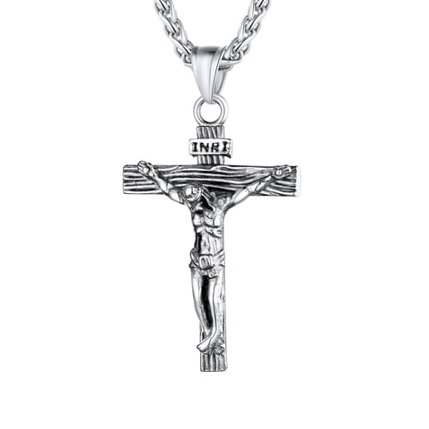 Men Cross Necklace Silver Jesus Crucifix INRI Cross Pendant for Women with 24" Chain Stainless Steel Christmas Day Gift