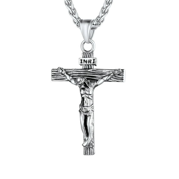 U7 Men Cross Necklace Silver Jesus Crucifix INRI Cross Pendant for Women with 24" Chain Stainless Steel Christmas Day Gift