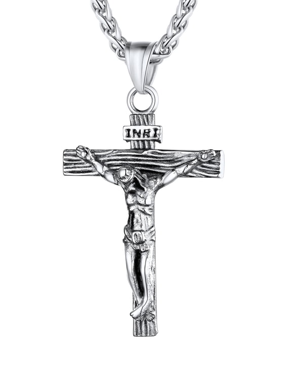 Silver Cross Necklace for Men Women 24" Jesus Crucifix INRI Cross Pendant Necklaces Christian Religious Jewelry Gift for Baptism Christmas Stuffers