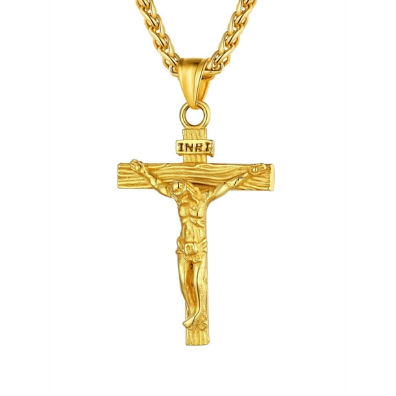 U7 Men Cross Necklace Gold Plated Jesus Crucifix INRI Cross Pendant for Women with 24" Chain Stainless Steel Christmas Day Gift