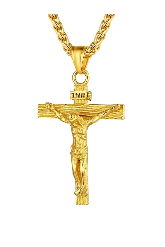 Men Cross Necklace Gold Plated Jesus Crucifix INRI Cross Pendant for Women with 24" Chain Stainless Steel Christmas Day Gift