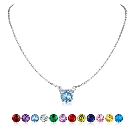U7 Cute Cat Birthstone Necklace 925 Sterling Silver Choker Necklaces for Women Round Aquamarine March Gemstone Necklaces for DaughterBirthday Anniversary Gift