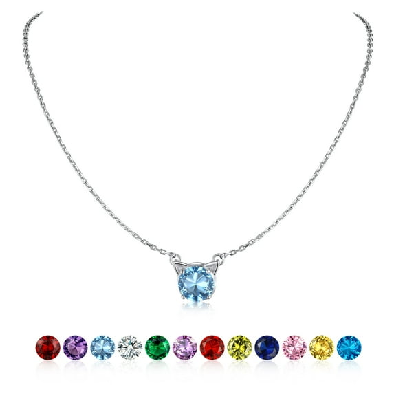 U7 Cute Cat Birthstone Necklace 925 Sterling Silver Choker Necklaces for Women Round Aquamarine March Gemstone Necklaces for DaughterBirthday Anniversary Gift