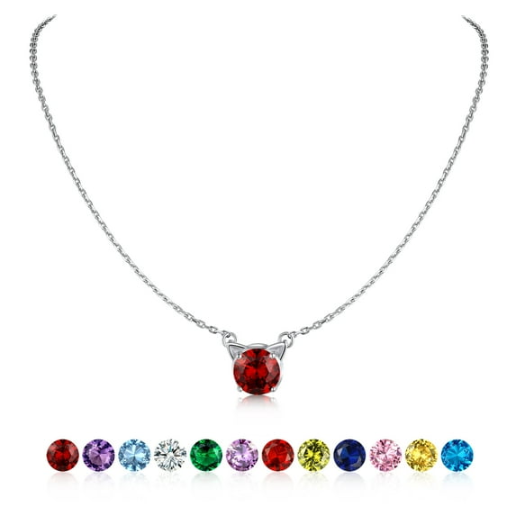 U7 Cute Cat Birthstone Necklace 925 Sterling Silver Choker Necklaces for Women Round Garnet January Gemstone Necklaces for DaughterBirthday Anniversary Gift