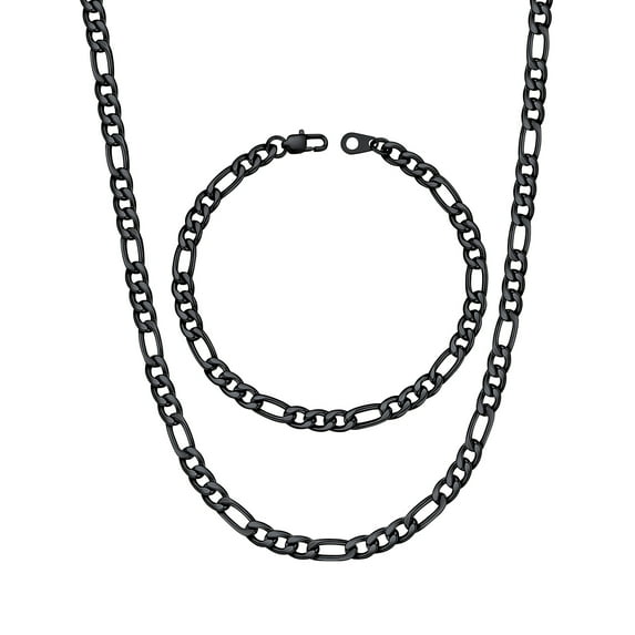 U7 Figaro Necklace for Men Black Chain Bracelet Stainless Steel Jewelry Set 2-Piece in 5MM Width 16 Inch
