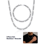 U7 Figaro Necklace for Men Silver Chain Bracelet Stainless Steel Jewelry Set 2-Piece in 5MM Width 18 Inch