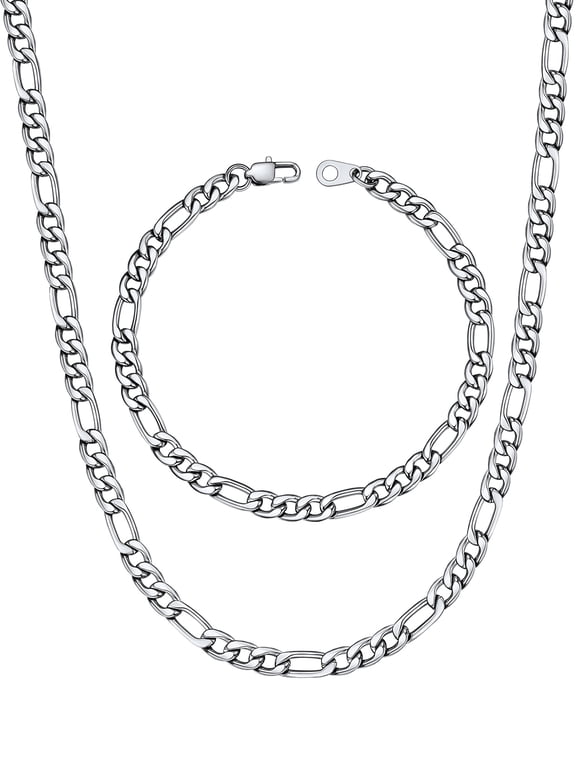Figaro Necklace for Men Silver Chain Bracelet Stainless Steel Jewelry Gift Set 2-Piece in 5MM Width 18 Inch for Christmas Stuffers