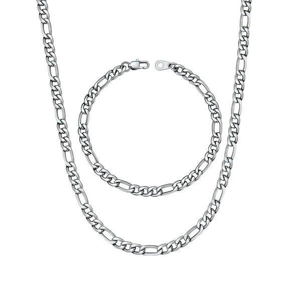 U7 Figaro Necklace for Men Silver Chain Bracelet Stainless Steel Jewelry Set 2-Piece in 5MM Width 20 Inch