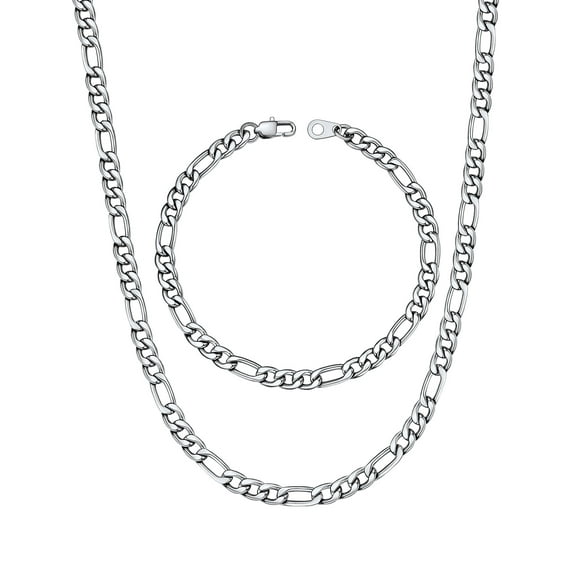 U7 Figaro Necklace for Men Silver Chain Bracelet Stainless Steel Jewelry Set 2-Piece in 5MM Width 24 Inch