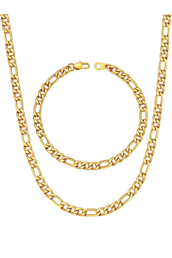 Figaro Necklace for Men Gold Plated Chain Bracelet Stainless Steel Jewelry Set 2-Piece in 5MM Width 22 Inch