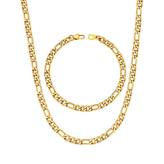 U7 Figaro Necklace for Men Gold Plated Chain Bracelet Stainless Steel Jewelry Set 2-Piece in 5MM Width 24 Inch