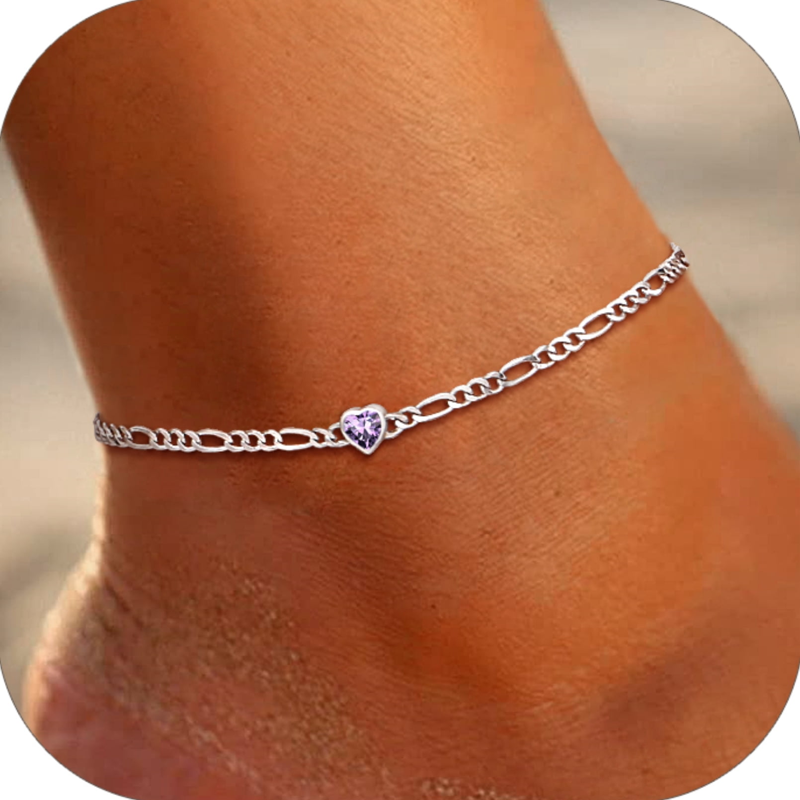U7 Heart Anklet Bracelet for Women February Purple Amethyst Sterling Silver Figaro Anklet Charming Summer Jewelry Gift Beach Foot Chain for Daughter