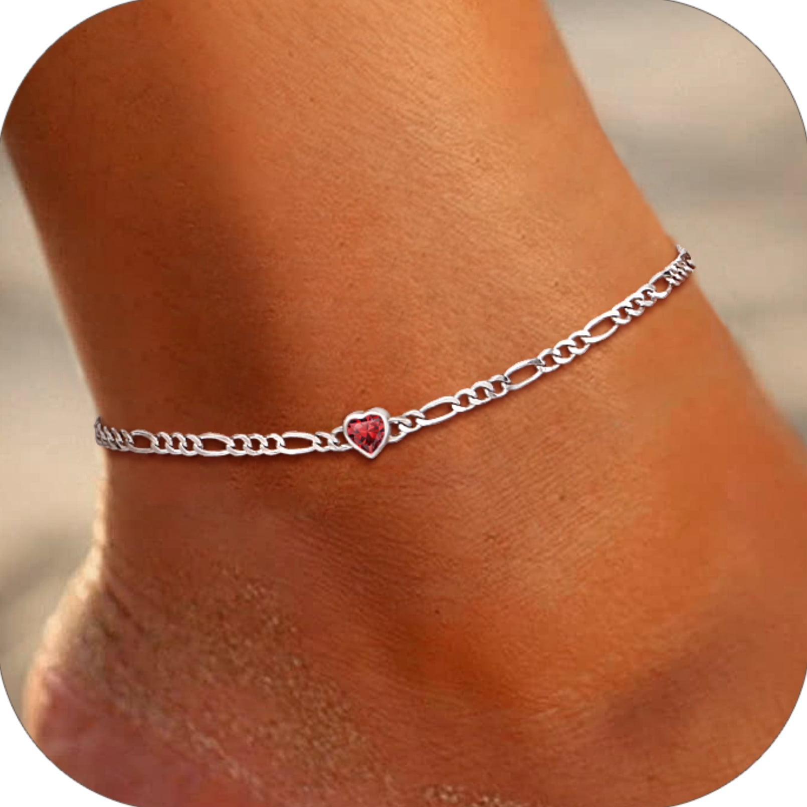 U7 Heart Anklet Bracelet for Women January Red Garnet Sterling Silver Figaro Anklet Charming Summer Jewelry Gift Beach Foot Chain for Daughter