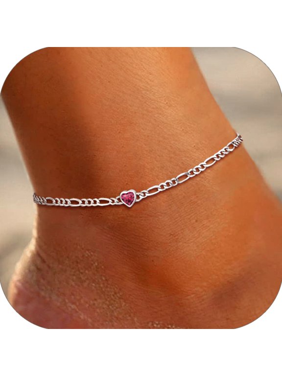 Heart Anklet Bracelet for Women July Purple Red Ruby Sterling Silver Figaro Anklet Charming Summer Jewelry Gift Beach Foot Chain for Daughter