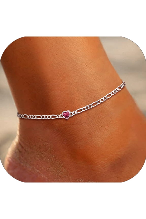 Heart Anklet Bracelet for Women July Purple Red Ruby Sterling Silver Figaro Anklet Charming Summer Jewelry Gift Beach Foot Chain for Daughter