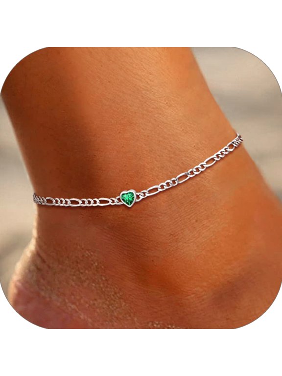 Heart Anklet Bracelet for Women May Green Emerald Sterling Silver Figaro Anklet Charming Summer Jewelry Gift Beach Foot Chain for Daughter