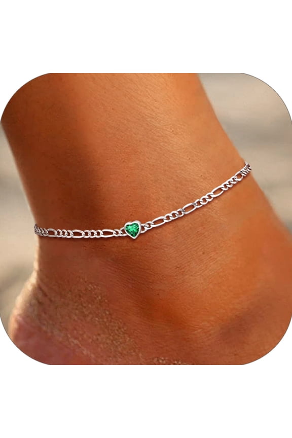 Heart Anklet Bracelet for Women May Green Emerald Sterling Silver Figaro Anklet Charming Summer Jewelry Gift Beach Foot Chain for Daughter