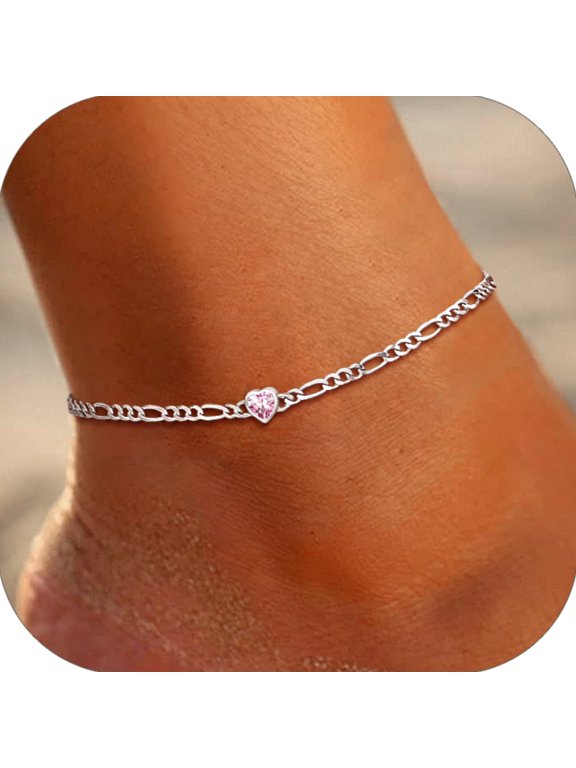 Heart Anklet Bracelet for Women October Pink Tourmaline Sterling Silver Figaro Anklet Charming Summer Jewelry Gift Beach Foot Chain for Daughter
