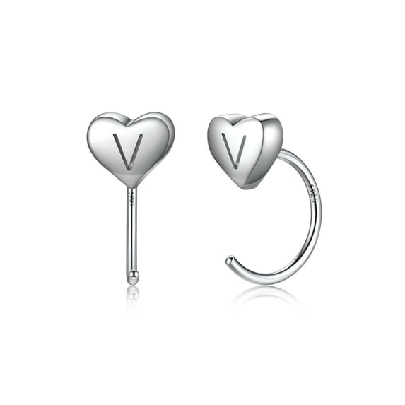 U7 Heart Half Hoop Earrings for Women 925 Sterling Silver Cartilage Piercing Open Huggie Initial Earrings, Alphabet V