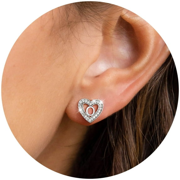 U7 Heart Initial Earrings Hypoallergenic 925 Sterling Silver Stud Earrings CZ Letter Earring for Women Birthday Jewelry Gift, Letter O