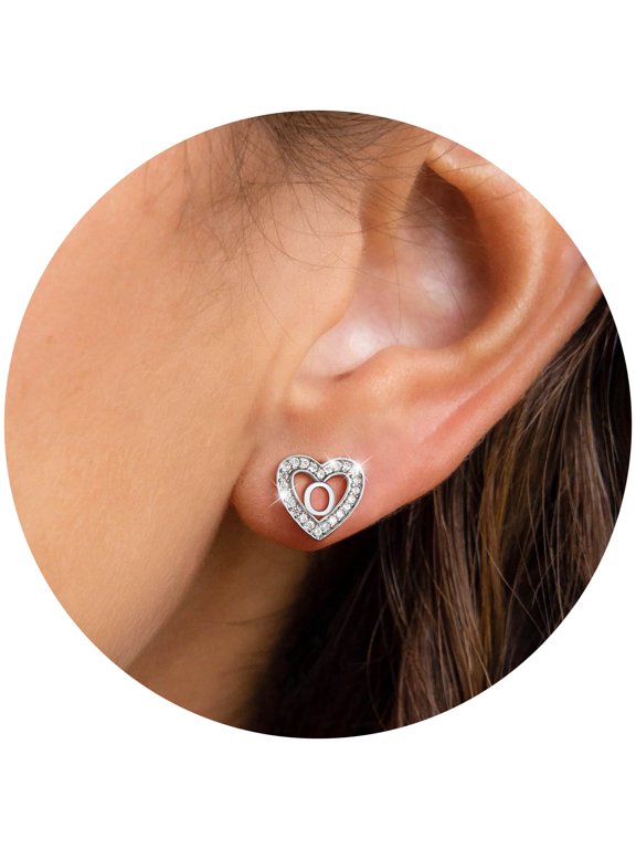 Heart Initial Earrings Hypoallergenic 925 Sterling Silver Stud Earrings CZ Letter Earring for Women Birthday Jewelry Gift, Letter O