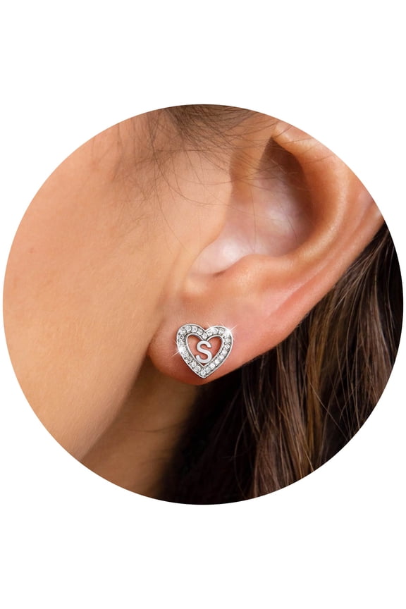 Heart Initial Earrings Hypoallergenic 925 Sterling Silver Stud Earrings CZ Letter Earring for Women Birthday Jewelry Gift, Letter S