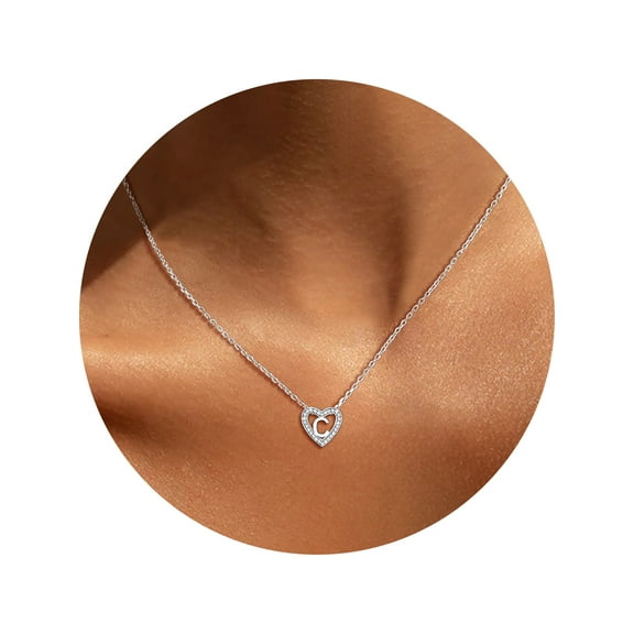 U7 Heart Initial Pendant Necklace 925 Sterling Silver Necklace CZ Letter Necklace Chain for Women Birthday Jewelry Gift, Letter C