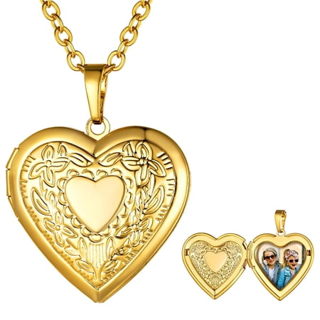 U7 Heart Shaped Gold Plated Pendant Photo Locket Necklace for Women Daughter Mother's Day Valentine Personalized Memorial Gift Custom Love Heart Necklaces